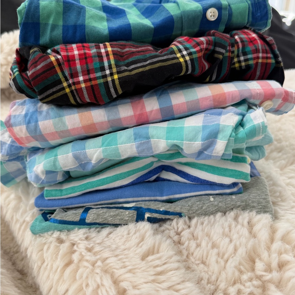 Crewcuts Stack of Mixed Plaid & Striped Shirts in Blue, Green, Red